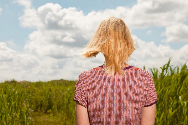 Back of woman with blond hair in field of high grass. Blue cloudy sky. Over the shoulder shot.