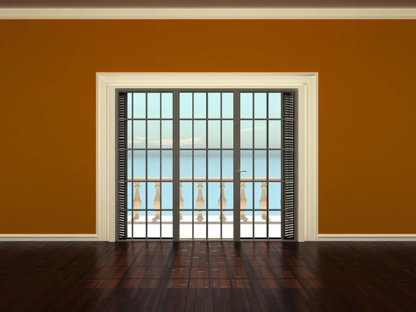 Empty interior room with orange walls and windows to the terrace