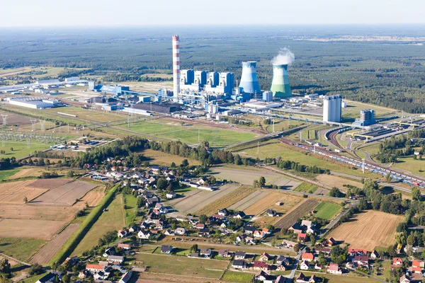Aerial view of landscape with factory