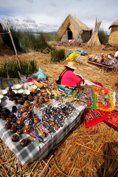 Colorful craft market on floating islands Uros, Bolivia.