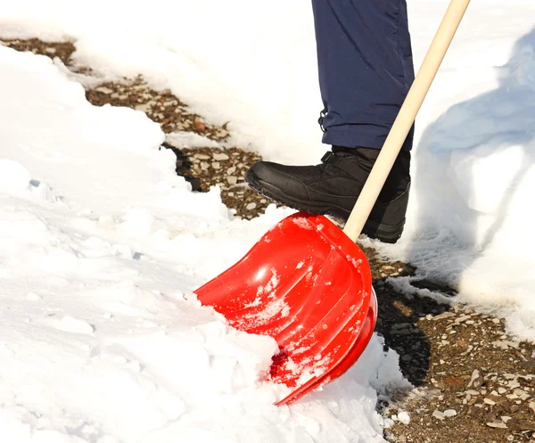 Close-up of man shoveling snow with red shovel