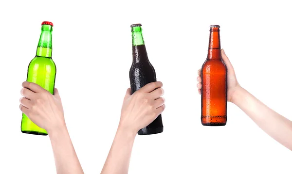 Collection of isolated hands with beer bottle making a toast