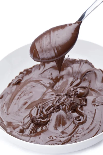 Spoon full of melted chocolate over a bowl of melted chocolate