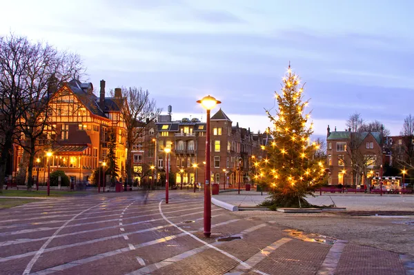 Christmas Tree on Dam Palace in Amsterdam the Netherlands at twilight