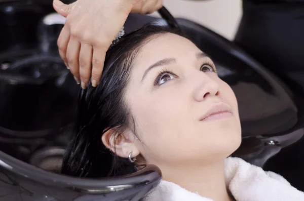 Female hairdresser washing client's hair