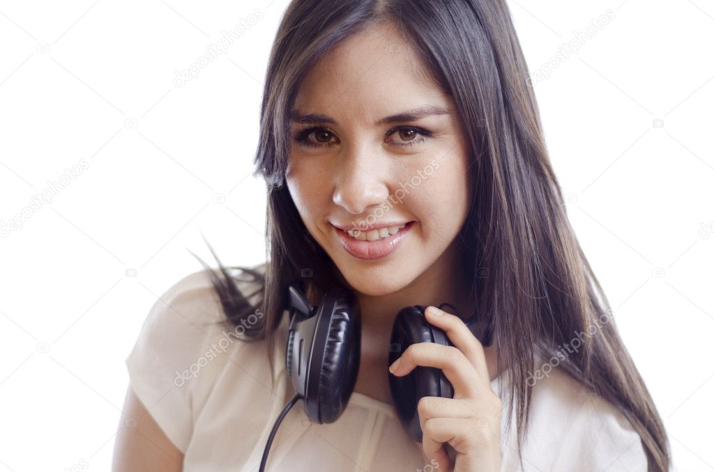 Portrait of cute female deejay in a white background — Photo by tonodiaz - depositphotos_11447388-Portrait-of-cute-female-deejay-in-a-white-background