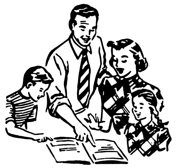 A black and white version of a vintage illustration of a family working together