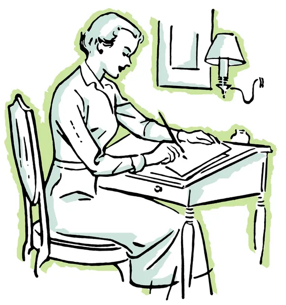 A black and white version of a line drawing of a woman at a writing desk