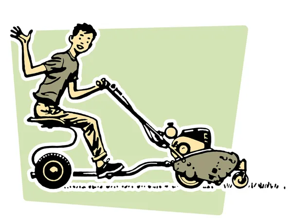 A young boy waving happily from a ride on mower