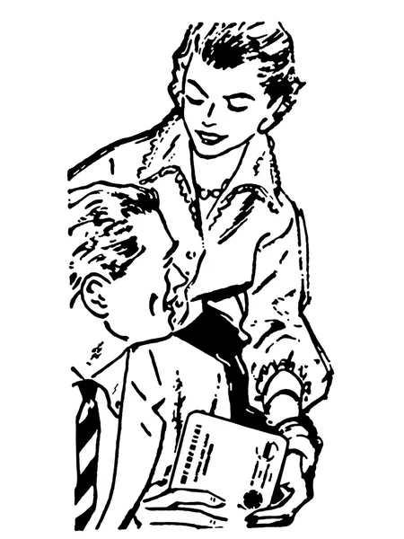 A black and white version of a woman handing a parcel to her husband