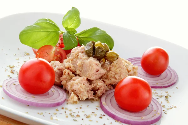 Plate composition whit tuna salad tomato end onion