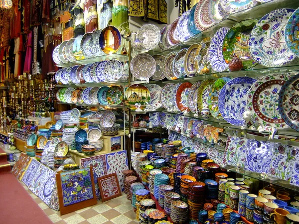Stalls with colorful pottery, Grand Bazaar, Istanbul, Turkey