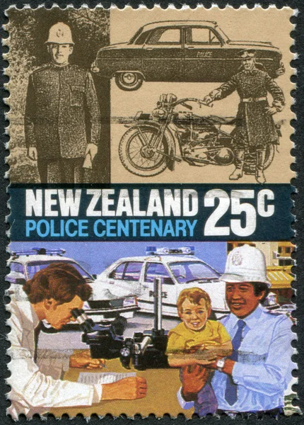 NEW ZEALAND - CIRCA 1986: Postage stamps printed in New Zealand, is dedicated to the centennial of Police Force Act, shows 1920 motorcycle, 1940s car, modern patrol cars and graphologist, circa 1986