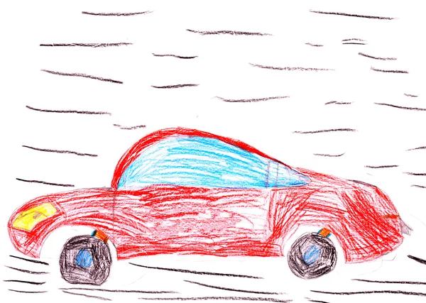 Red racing car. child's drawing