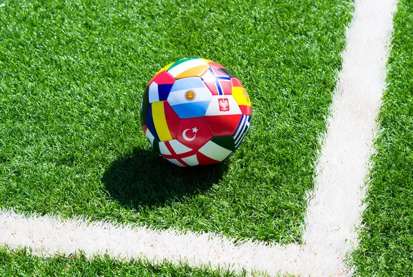 Soccer ball on field — Stock Photo, Image