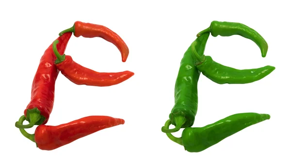Letter E composed of green and red chili peppers — Stock Photo, Image