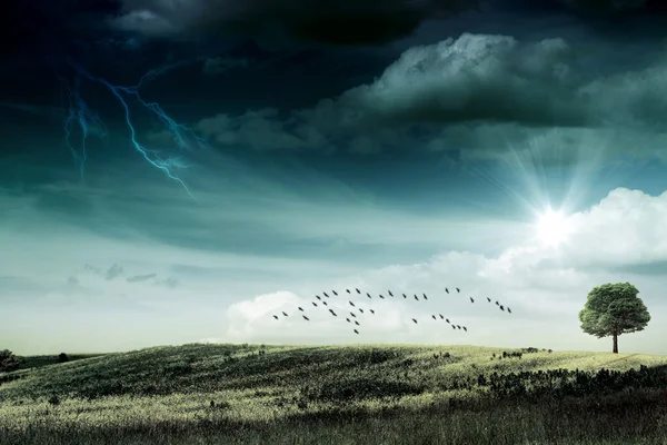 Letzter Sonnenstrahl vor dem Hurrikan. abstrakte natürliche Hintergründe — Stockfoto