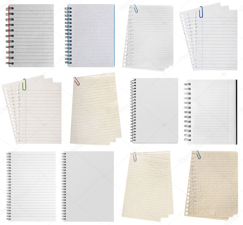 Paper page notebook. textured isolated on the white backgrounds. collection