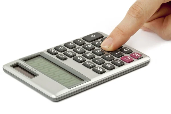 Калькулятор з рукою ізольовано на білому — стокове фото