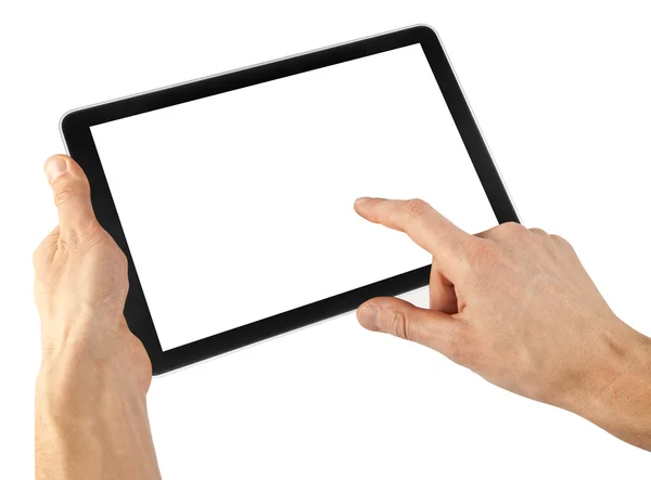 흰색 배경에 손으로 분리 된 태블릿 컴퓨터. — 스톡 사진