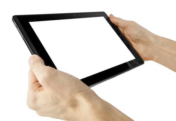 흰색 배경에 손으로 분리 된 태블릿 컴퓨터. — 스톡 사진
