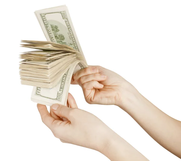 Wiele dolarów w womans ręce — Zdjęcie stockowe
