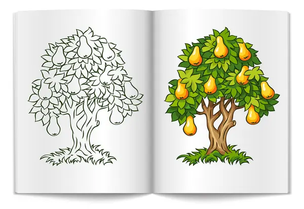 Árvore de pêra com frutos maduros na difusão do livro — Vetor de Stock