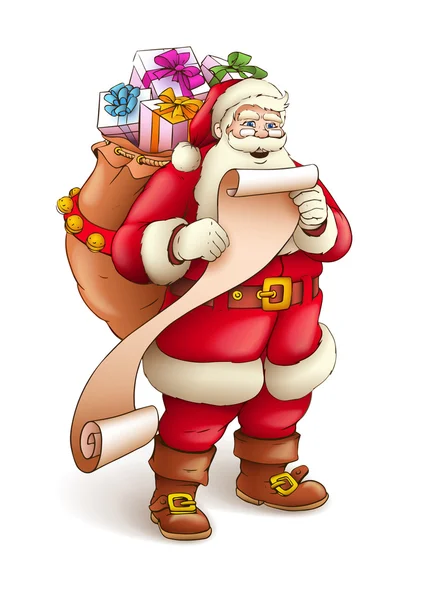 Papai Noel com saco cheio de ler jornal lista de presentes —  Vetores de Stock