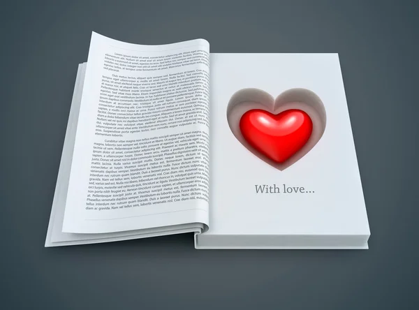 Öppna bok med rött hjärta inuti — Stockfoto
