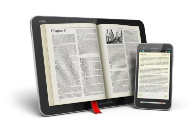 Book in tablet computer and smartphone clipart