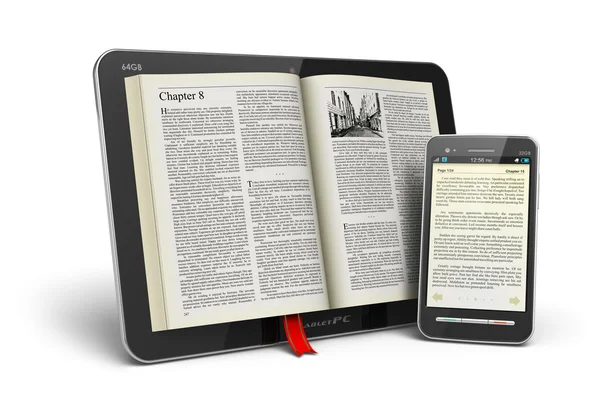 Livro no computador tablet e smartphone — Fotografia de Stock