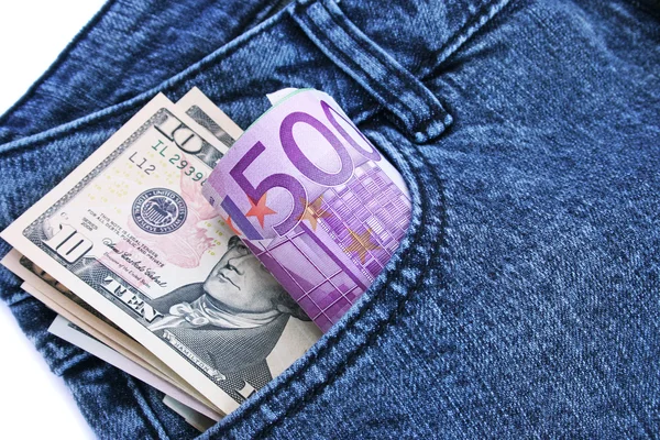 Pengar i jeansfickan — Stockfoto