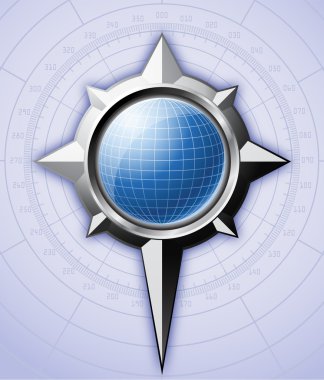 Steel compass rose with blue globe inside it.