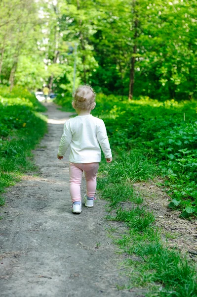 Little girl walking in forest — Stock Photo, Image