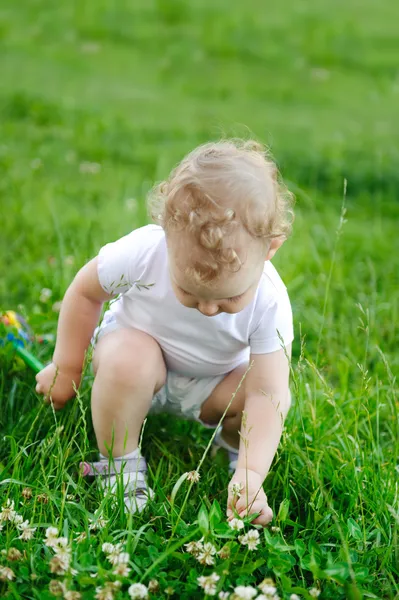 Bébé fille à la recherche de fleurs en herbe — Photo