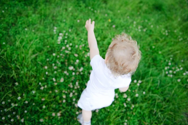 Милый ребенок играет в зеленой траве — стоковое фото