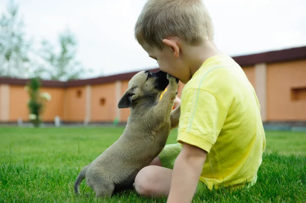 Menino beijando com seu cachorro bonito — Fotografia de Stock