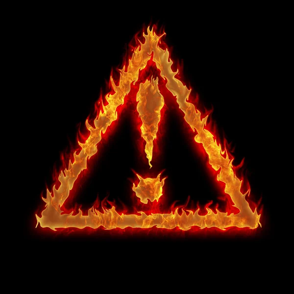Burning triangle caution sign fire on black — Stock Photo, Image