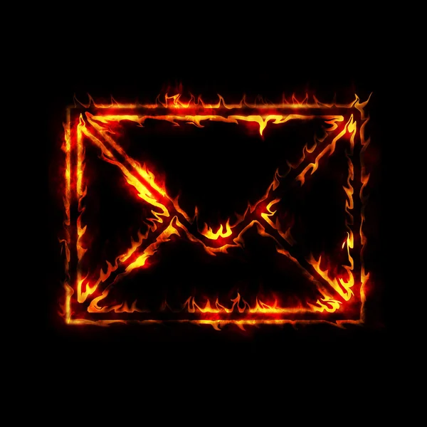 Burning envelope post sign from fire on black — Stock Photo, Image