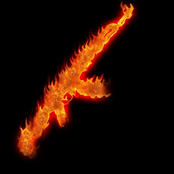 Burning kalashnikov ak47 silhouette fire on black — Stock Photo, Image