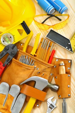 Big composition of working tools on wooden boards clipart