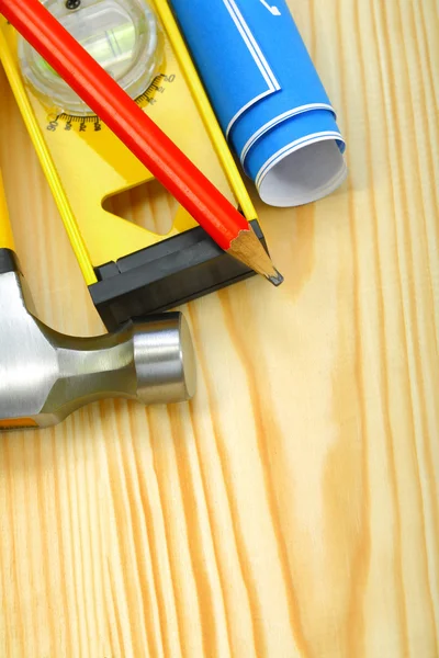 Closeup working tools on wooden boards — Stock Photo, Image