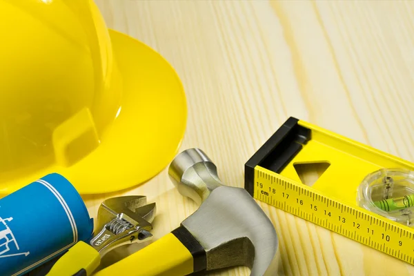 stock image Construction tools on wooden boards