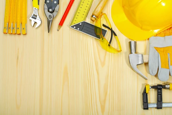 Copyspace of construction tools on wooden boards — Stock Photo, Image