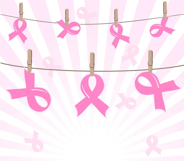 Vector illustration of a breast cancer pink ribbons on rope on s — Stock Vector