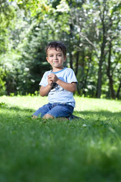 Söt pojke med blommor som sitter på grönt gräs i parken — Stockfoto