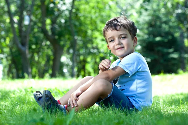 Portrait of a boy, sitting on green grass, smelling flower — Stock Photo, Image