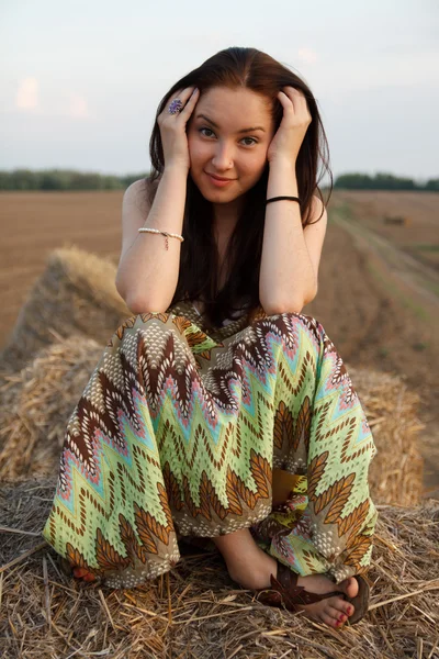 Retrato de una hermosa chica en el heno — Foto de Stock