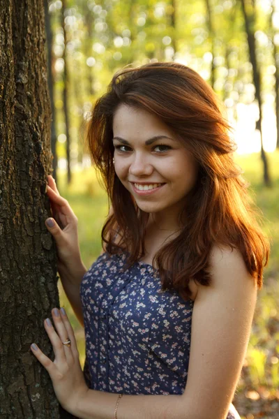 Porträt einer jungen Frau, die einen großen Baum in einem Park umarmt — Stockfoto