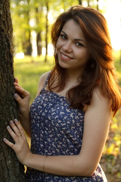 Porträt einer jungen Frau, die einen großen Baum in einem Park umarmt lizenzfreie Stockfotos
